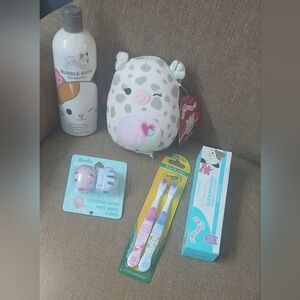 5: squishmallow+ bubble bath, tooth toothpaste, toothbrushes, toothbrush covers